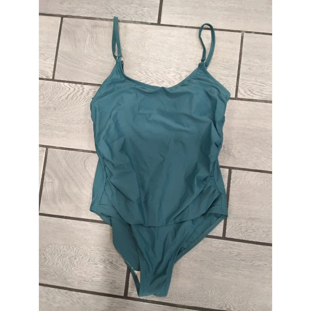 Kona Sol Womens Teal Blue Ruched‎ Front Ladder Back One Piece Swimsuit Size L